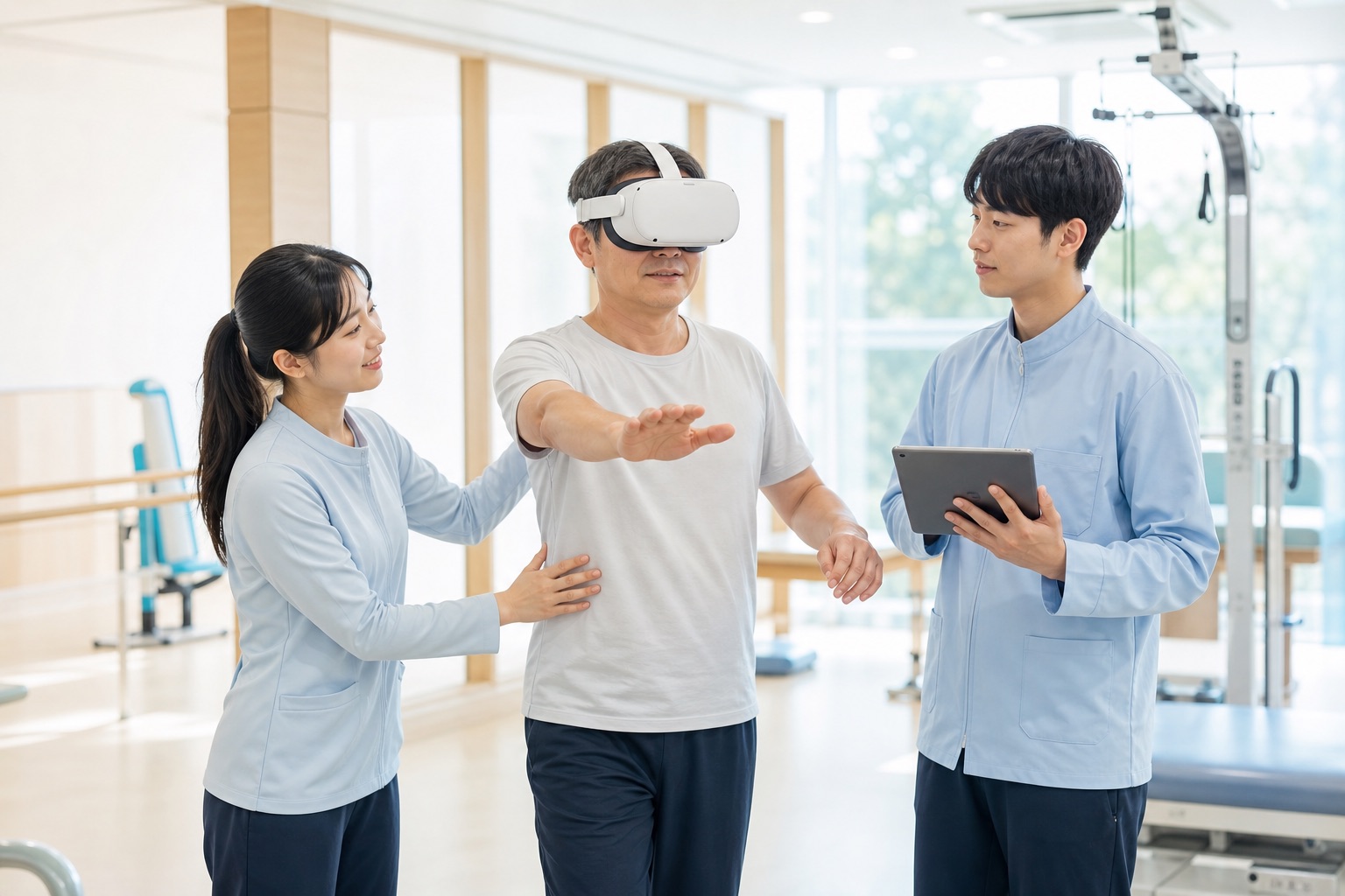 재활치료실에서 VR 기기를 활용한 재활 실습을 진행하는 참가자들